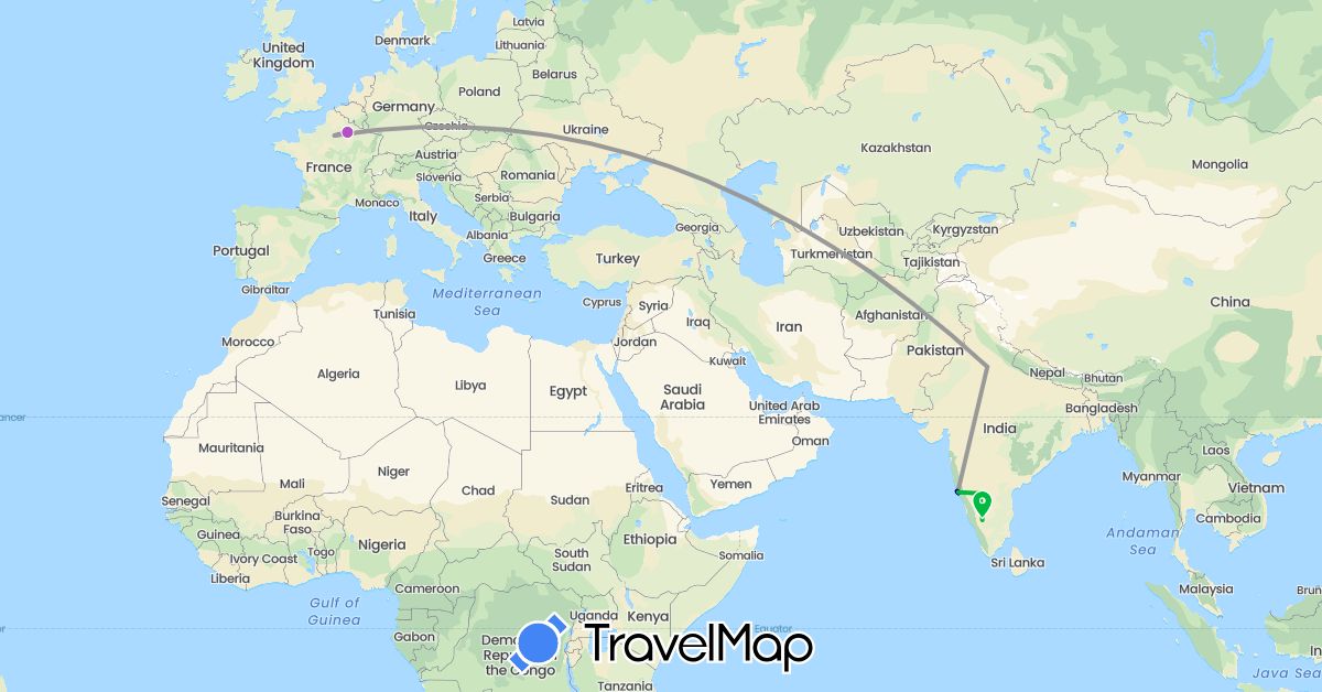 TravelMap itinerary: driving, bus, plane, train, hiking, electric vehicle in France, India (Asia, Europe)